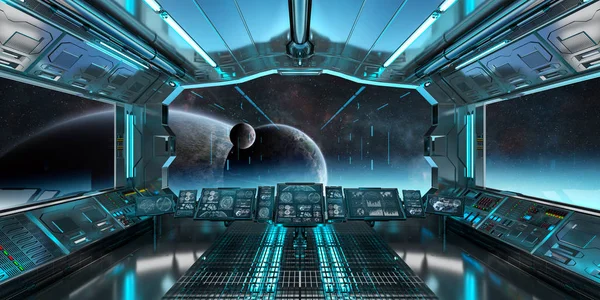 Interior de la nave espacial con vista al sistema de planetas distantes 3D render —  Fotos de Stock