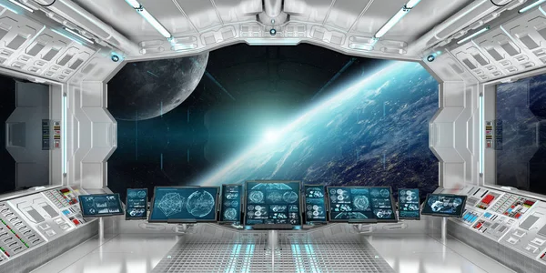 Raumschiffinnenraum mit Blick auf den Planeten Erde 3d Rendering el — Stockfoto