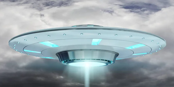 Vintage UFO voando no céu nublado renderização 3D — Fotografia de Stock