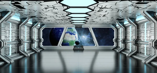 Interior de la nave espacial con vista al planeta Tierra 3D renderizado el — Foto de Stock