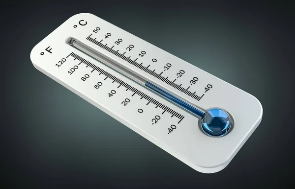 3d rendern kaltes weißes Thermometer, das niedrige Temperatur anzeigt — Stockfoto