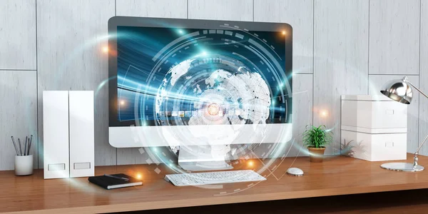 Arbeitsplatz mit modernen Geräten und Hologramm-Bildschirmen 3D-Rendering — Stockfoto