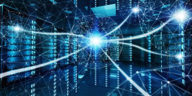 Soyut ağ üzerindeki sunucu Oda veri merkezi 3d render