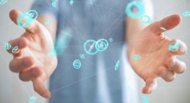 Uçan ağ bağlantısı arabirimi 3d renderi kullanarak iş adamı