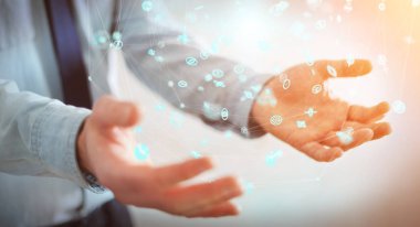 Uçan ağ bağlantısı arabirimi 3d renderi kullanarak iş adamı