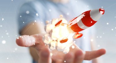 Kırmızı roket onun el 3d render tutan işadamı