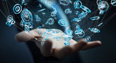 Uçan ağ bağlantısı arabirimi 3d renderi kullanarak iş adamı