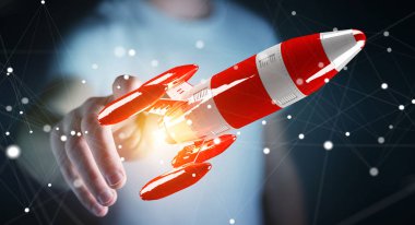 Kırmızı roket onun el 3d render tutan işadamı