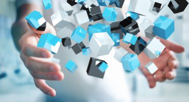 Mavi parlak küp ağ 3d renderin yüzen tutan işadamı