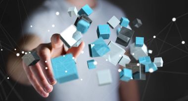 Kayan mavi parlak küp ağ 3d renderi dokunmadan işadamı