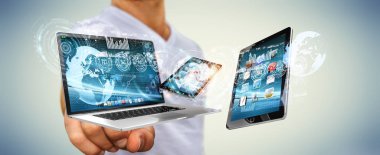 Teknoloji cihazları birbirine 3d render bağlamak işadamı