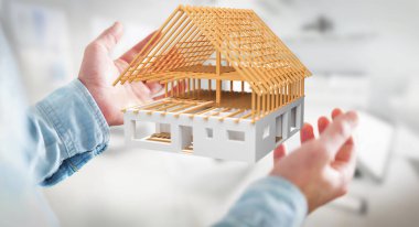 3D render bitmemiş planı ev onun ha tutan işadamı