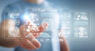 Dijital ekranlar hologramlar veriler 3d render ile kullanarak iş adamı