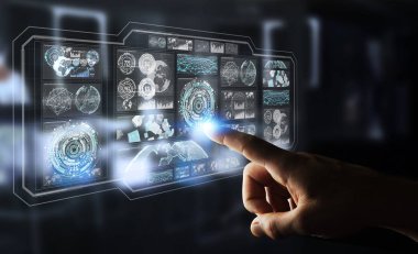 Dijital ekranlar hologramlar veriler 3d render ile kullanarak iş adamı
