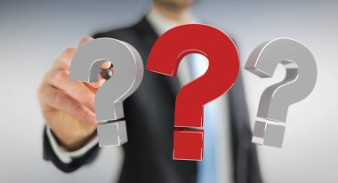 3D render soru işaretleri kullanarak iş adamı