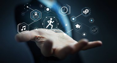 Genç adam onun performansları kontrol etmek için çalışan uygulama kullanarak 3d