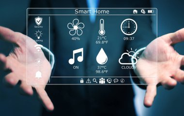 Akıllı ev dijital arabirimi 3d işlemesini kullanan iş adamı