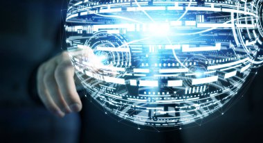 Hologram küre 3d render dokunmadan işadamı