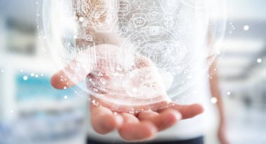 Hologram küre 3d render tutan işadamı