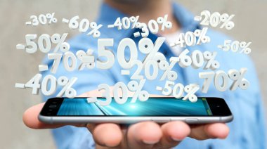 Satış simgeler telefon 3d render üzerinde tutan işadamı