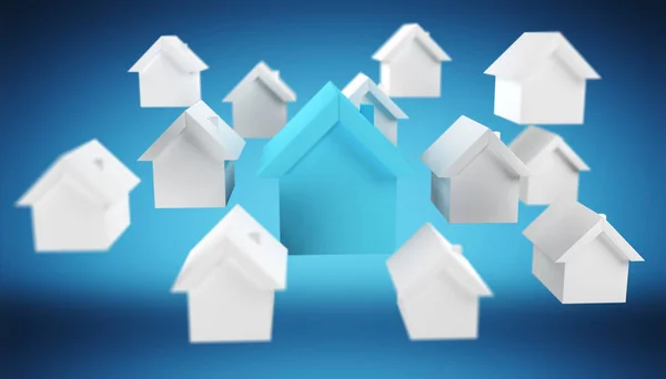 3D wytopione, małe domy biały i niebieski — Zdjęcie stockowe