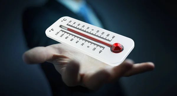 Empresário verificando o aumento de temperatura renderização 3D — Fotografia de Stock