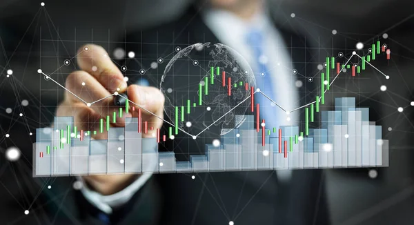 Empresário usando 3D digital renderizado estatísticas da bolsa de valores e c — Fotografia de Stock