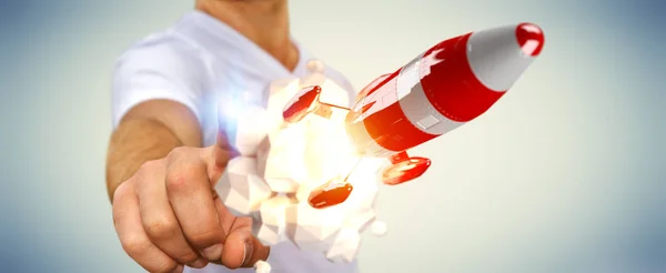 Empresario sosteniendo cohete rojo en su mano representación 3D —  Fotos de Stock