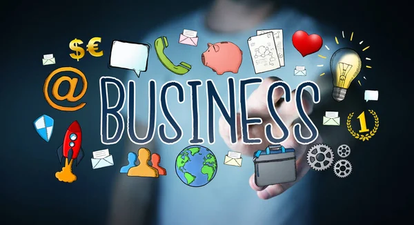 Empresário que utiliza apresentação de negócios desenhada à mão — Fotografia de Stock