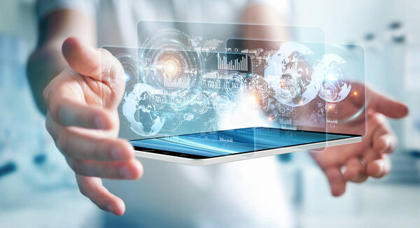 Экран голограммы с цифровыми данными, используемыми бизнесменом 3D рендерингом
