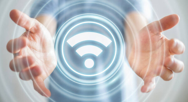 Businessman using free wifi hotspot interface 3D rendering