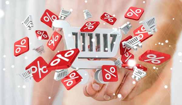 Zakenman raakt verkoop pictogrammen met zijn vinger 3d rendering — Stockfoto