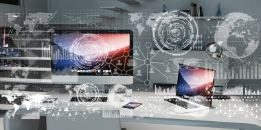 Çalışma alanı modern cihazlar ve hologram ekranlar 3d render ile