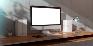 Bilgisayarı ve aygıtları 3d re sahip modern karanlık Resepsiyon ofis iç