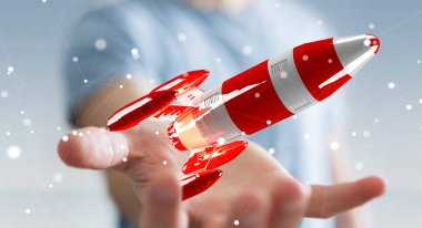 Kırmızı roket onun el 3d render tutan işadamı