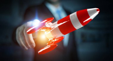 Kırmızı roket onun el 3d render tutan işadamı