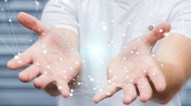 Uçan ağ bağlantısı arabirimi 3d renderi kullanarak iş adamı