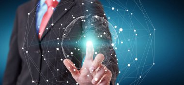 Uçan Dünya ağ arabirimi 3d işlemesini kullanan iş adamı