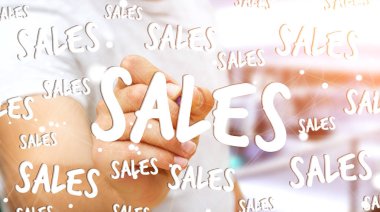 İşadamı kalem 3d render ile satış simgeler dokunmadan