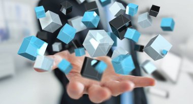 Mavi parlak küp ağ 3d renderin yüzen tutan işadamı