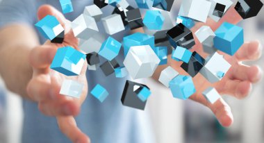 Mavi parlak küp ağ 3d renderin yüzen tutan işadamı