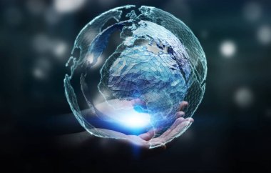 Küresel ağ seyyare yerküre 3d render tutan işadamı
