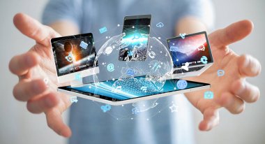 Teknoloji cihazları birbirine 3d render bağlamak işadamı