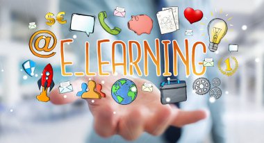 E-öğrenme sunu çizilmiş tutan işadamı