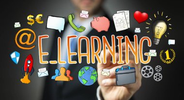 E-öğrenme sunu çizilmiş çizim işadamı