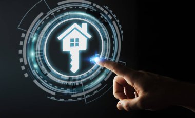 3D işleme simgesini ev parmağıyla dokunmadan işadamı