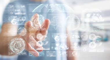 Dijital ekranlar hologramlar veriler 3d render ile kullanarak iş adamı