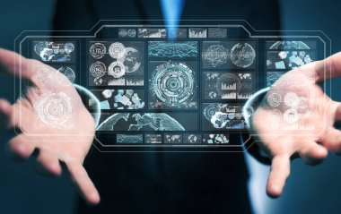 Dijital ekranlar hologramlar veriler 3d render ile kullanarak iş adamı