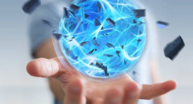 İşadamı bir güç top onun el 3d rendering ile oluşturma