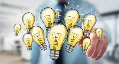 Çizilmiş ampul parmağıyla dokunmadan işadamı